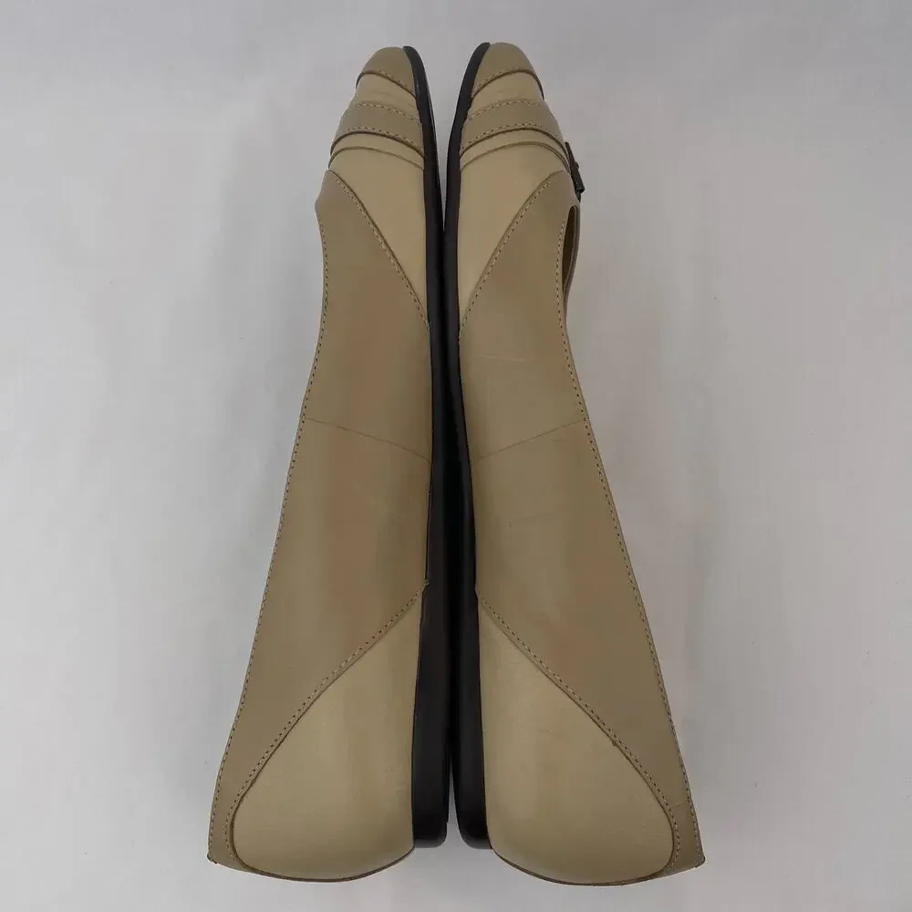 Talbots Women Tan Leather Buckle Ballet Flats Comfort Shoes Wide Width 8W